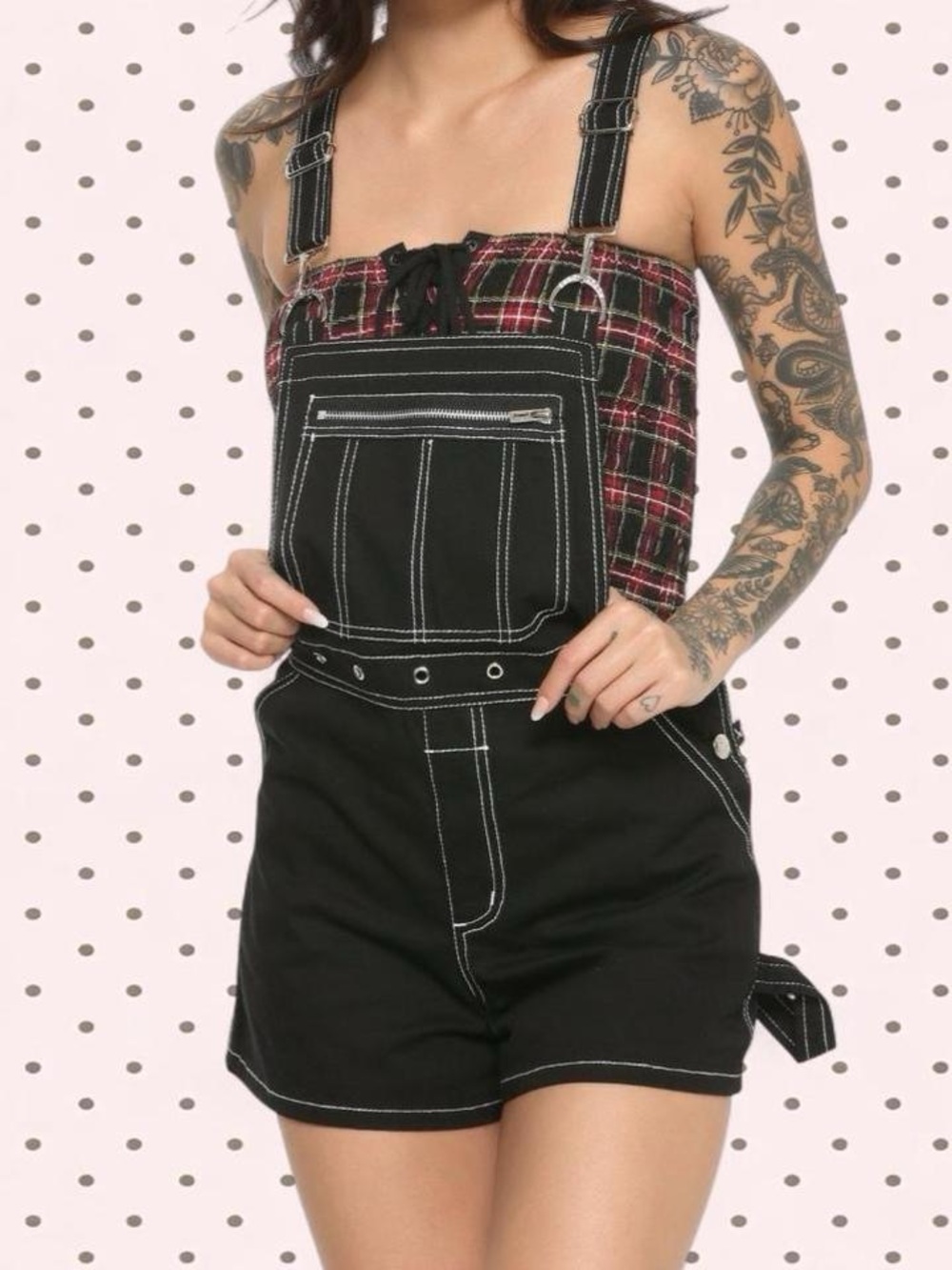 Royal Bones Black Short Overalls with White Contrast Stitching